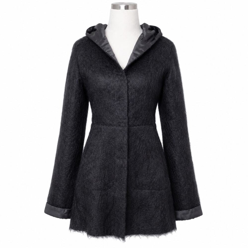 Vintage Black Mohair Hooded Coat Gothic Woodland Fairy Sz 2 Dark Academia France